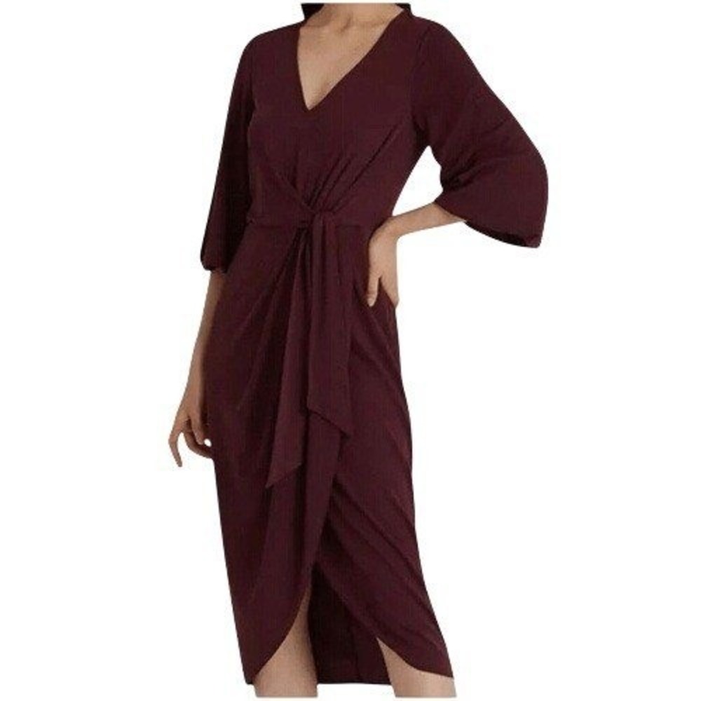 LAUREN RALPH LAUREN Vintage Burgundy Faux‎ Wrap Midi Dress Bell Sleeve Size 0
